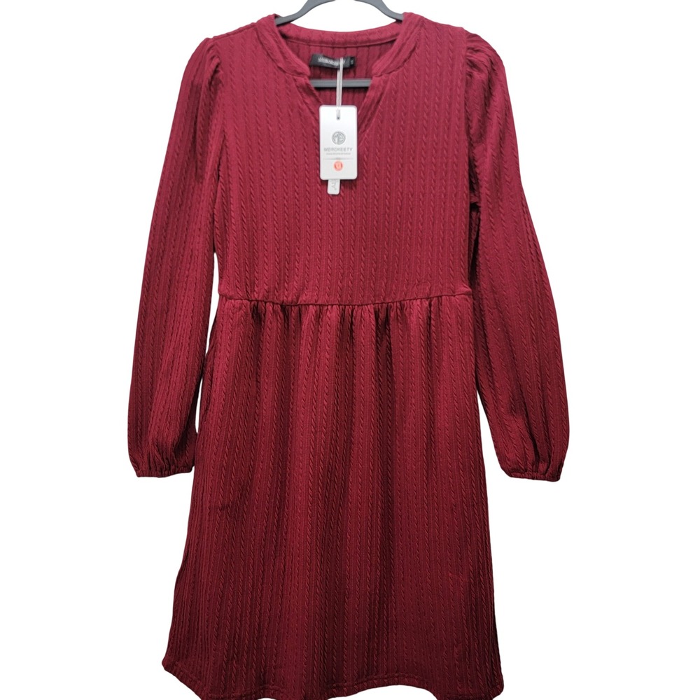 MEROKEETY Burgundy Wine Cable Knit Puff Sleeve Pockets V Neck Mini Dress Size M‎